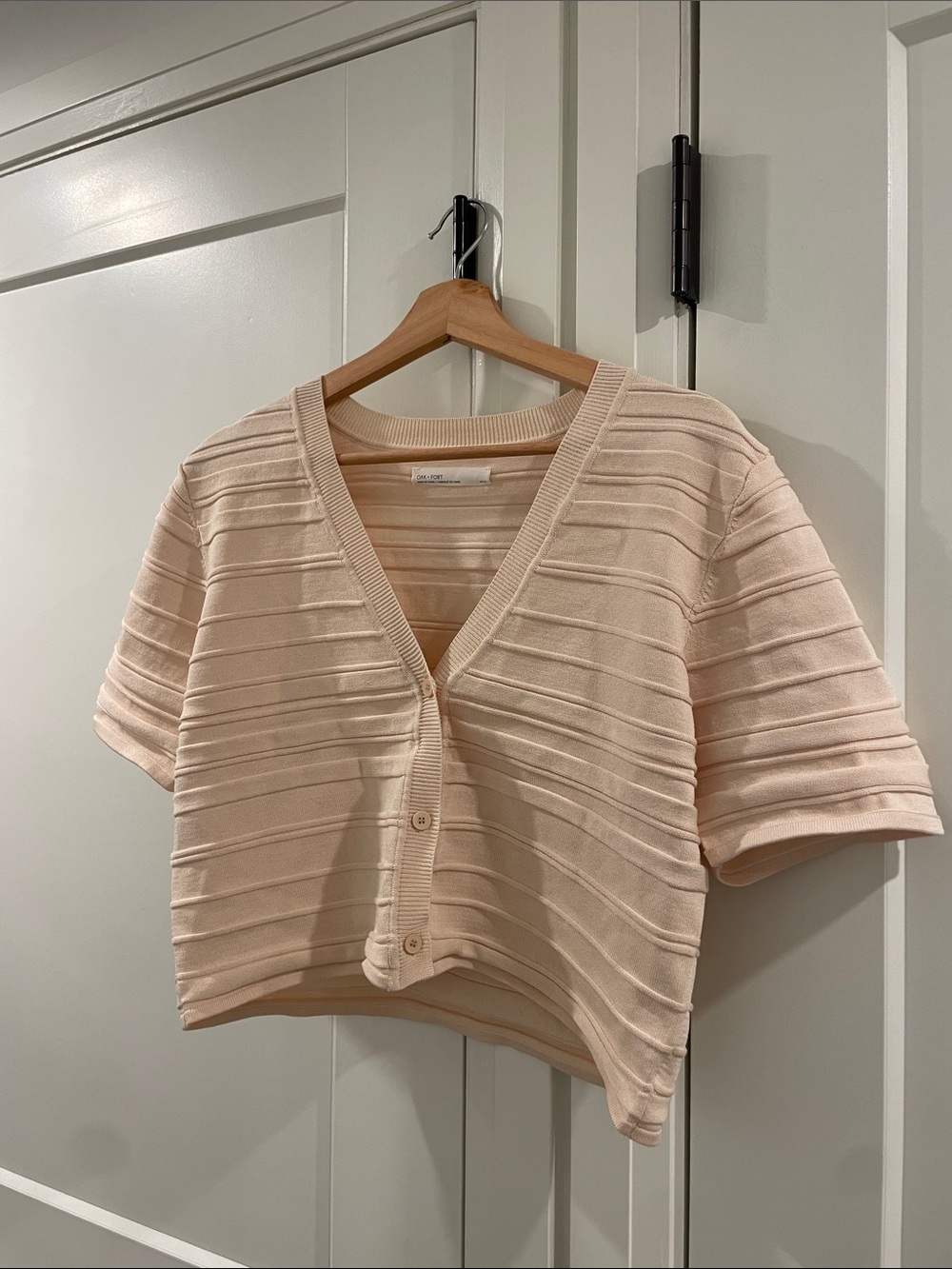 Oak + Fort Short Ribbed V-Neck Button Front Top - Cream